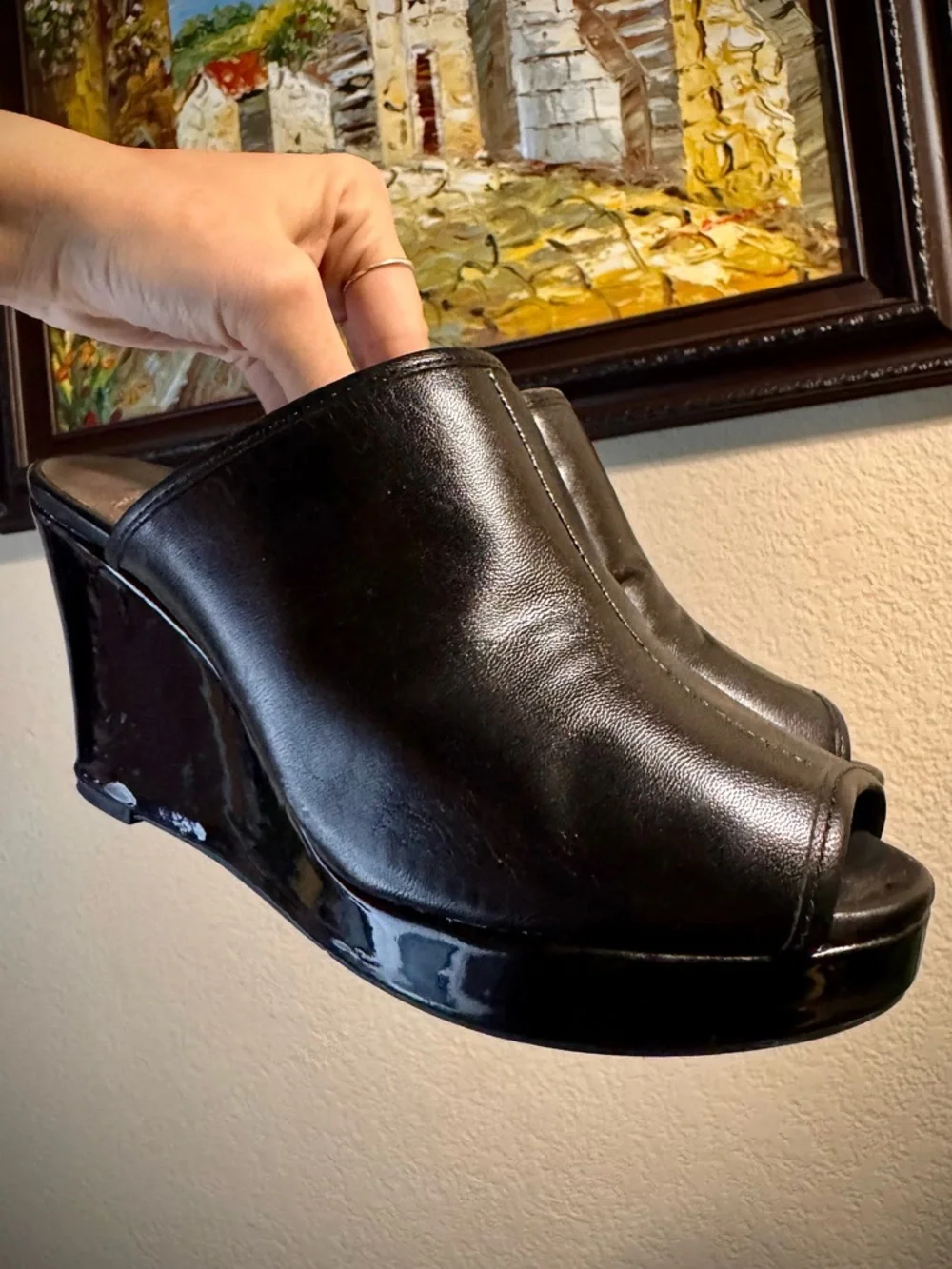 Vintage 90s Black Wedge Mules Heels 6